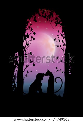 Vector illustrations Silhouette the dog and cat Romantic