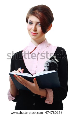 business women standing and writing down on note book on white background