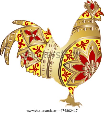 drawing of a gold and red silhouette of a cock in profile with round ethnic mandala pattern on a white background