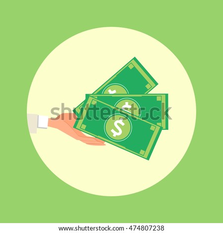 Hand holds a money flat style. Cartoon colorful raster illustration