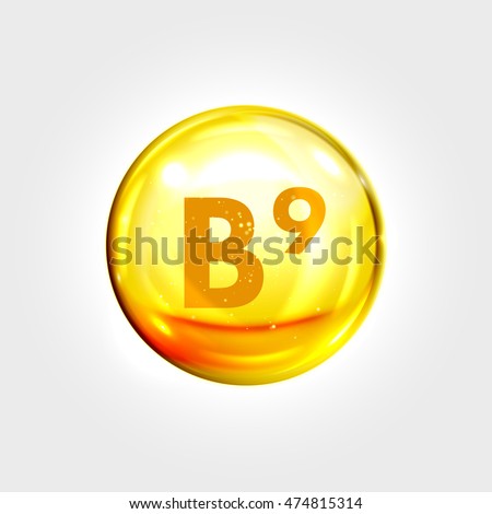 Vitamin B9 gold icon. Folic acid vitamin drop pill capsule. Shining golden essence droplet. Beauty treatment nutrition skin care design. Vector illustration. Royalty-Free Stock Photo #474815314