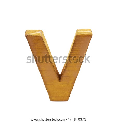 Single sawn wooden letter V symbol coated with paint isolated over the white background