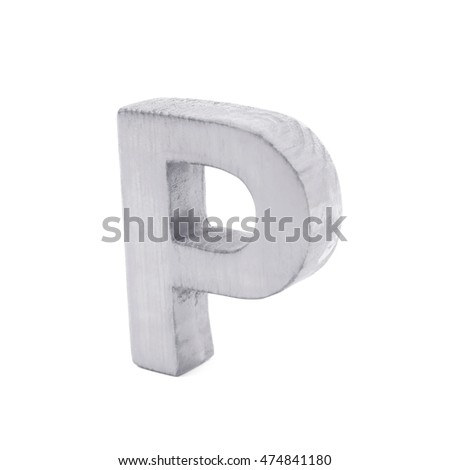 Single sawn wooden letter P symbol coated with paint isolated over the white background