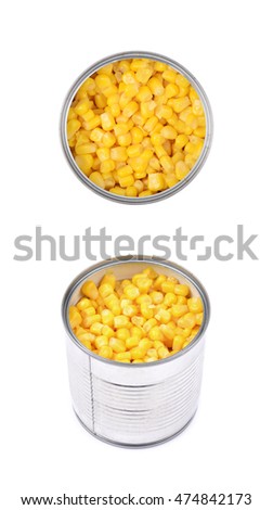 Canned corn in a tincan isolated over the white background, set of two different foreshortenings