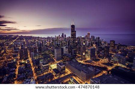 Chicago skyline aerial view at dusk, United States Royalty-Free Stock Photo #474870148