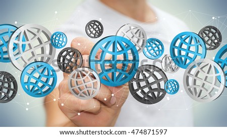 Businessman using digital web icons with a pen 3D rendering