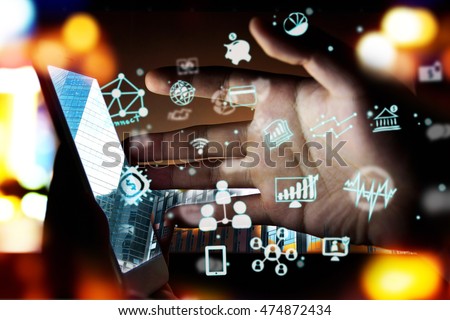 Fintech Investment Financial Technology Concept. P2P Payment concept image.Startup and crowd funding concept.Social network with P2P lending. Smart phone with technology icons coming out from screen. Royalty-Free Stock Photo #474872434