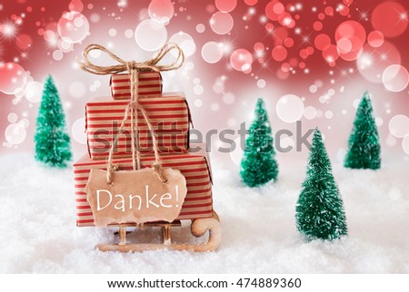 Christmas Sleigh On Red Background, Danke Means Thank You