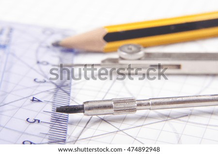 School technical drawing equipment close up