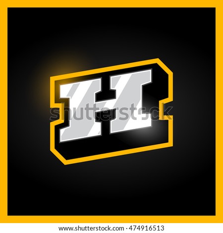 Retro sport style alphabet letter H for logo, titles, monogram. Metal with bold outline font