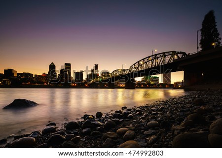 Silhouette shot of Portland Oregon skyline at sunset in USA