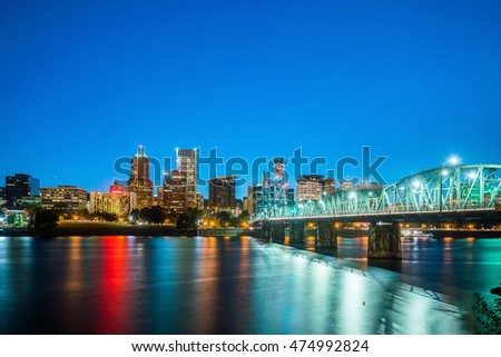 Downtown Portland Oregon skyline at night in USA