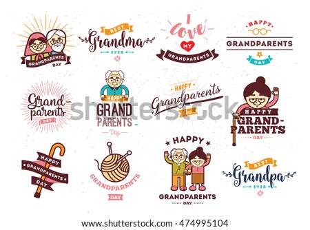 Happy Grandparents day typographic emblems, logo set. Grandma and grandpa vector illustration. Design for grandparents day greeting card, flyer, poster, banner or t-shirt. Older persons.