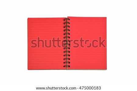 Red notebook is opened on white background.