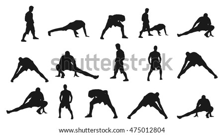 Soccer players stretching silhouette vector isolated on white background. High detailed football player silhouette cutout outlines. Strain, racking, warming up.