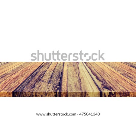 image of perspective wood table isolated on white background.(vintage tone)