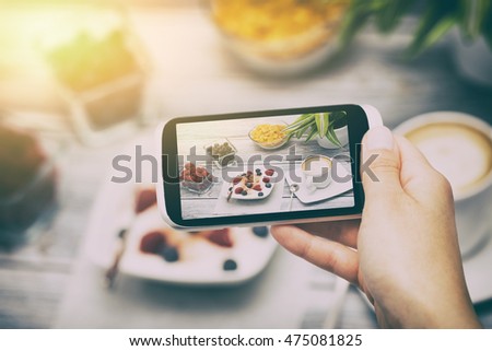food phone photo selfie hand breakfast smart meal social media - stock image