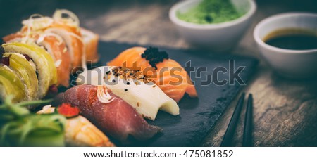 sushi roll raw makki fresh food seafood susi - stock image