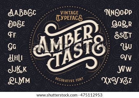 Vintage decorative font named "Amber Taste" with label design and background pattern Royalty-Free Stock Photo #475112953