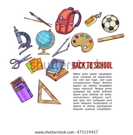 Back to School supplies and learning equipment or office accessories for poster design. Vector illustration