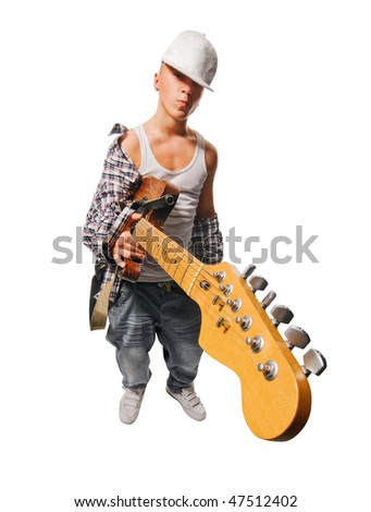Cool guitarist with his instrument isolated on white
