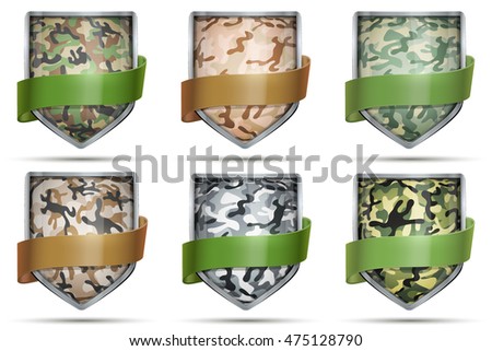 Set of Shields with Various Camouflage. Editable Vector Illustration isolated on white background.