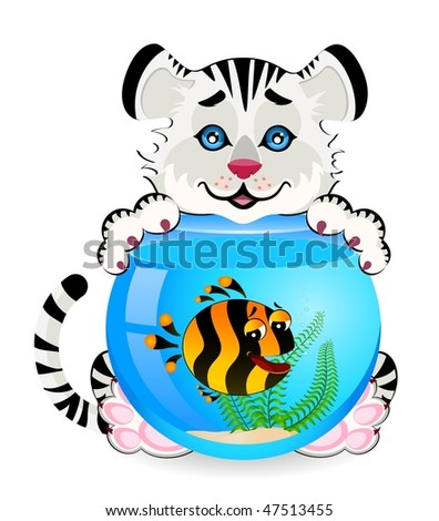 little cartoon tiger with little colorful tropical fish in aquarium