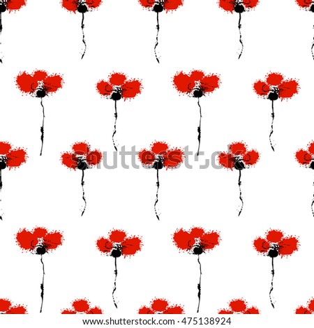 Vector hand drawn floral watercolor seamless pattern with poppy. Artistic creative colorful graphic ilustration with splash, blots and smudge. Endless vector background, graphic illustration 