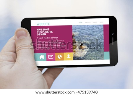 mobile design concept: hand holding an online website on 3d generated smartphone. Screen graphics are made up.