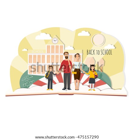 Back to school illustration. Family: mother, father, son, daughter. School building background, sun and trees