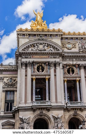 Architectural details of Opera National de Paris: Grand Opera (Garnier Palace, 1875) is famous neo-baroque building in Paris, France - UNESCO World Heritage Site.