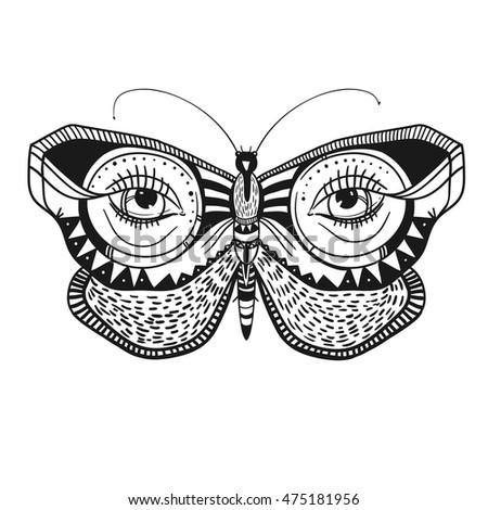 mysterious butterfly with decorative ornaments, vector illustration, beautiful butterfly isolated on white