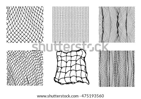 Six different net patterns. Rope net vector silhouette. Soccer, football, volleyball and tennis net pattern. Fisherman hunting net rope texture / pattern.