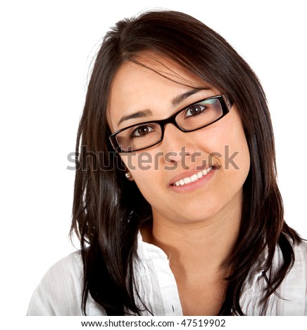 Woman portrait wearing glasses - isolated over white