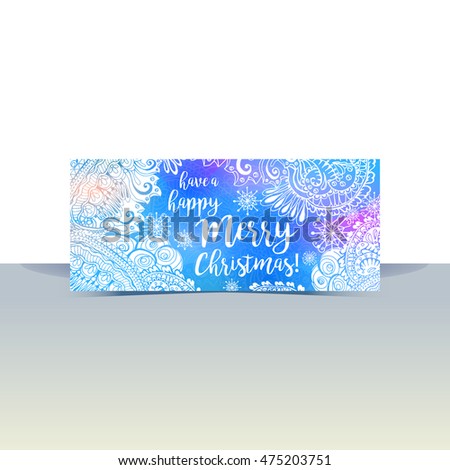 Blue and white winter typography horizontal flyer or header, banner for website or printing with Have a Happy Merry Christmas wishes, hand drawn doodle ornament and snowflakes