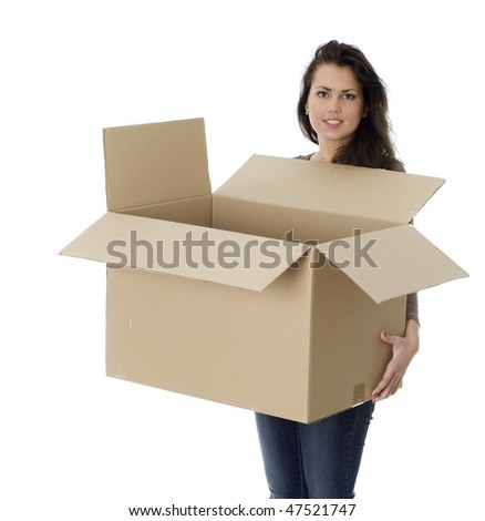 woman from dark hair keeping cardboard box, white background