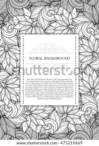 Vector Monochrome Floral Template with Place for Text. Abstract Flowers with Hand Drawn Ornament. Layout for Greeting Card, Cover Page etc. Clipping Mask Used for Editability