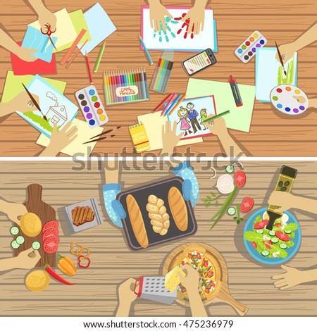 Children Craft And Cooking Lesson Two Illustrations With Only Hands Visible From Above The Table