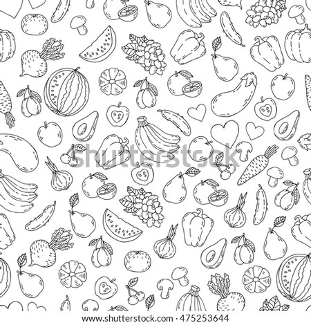 Vector set of design elements, seamless pattern and background for organic, healthy and vegan food packaging Fresh healthy organic food vector doodle hand drawn illustration.