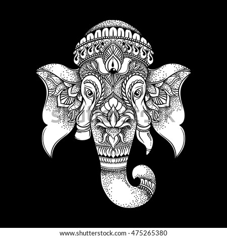 Hand drawn elephant head tribal style. Hindu Lord Ganesha vector illustration. T-shirt design