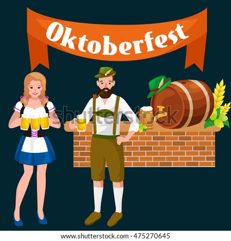 people germany beer festival in Bavaria, alcohol in a glass and wooden mug with mens snack traditional pretzel sausage, woman  man drinking in party pub or bar food background vector illustration