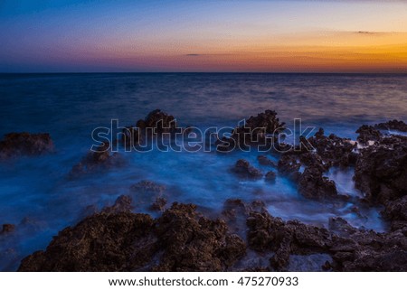 Razanj Croatia Europe. Beautiful nature and landscape photo of Adriatic Sea at dusk in Dalmatia coastline. Warm summer evening. Colorful seascape fine art image. Calm, peaceful picture.