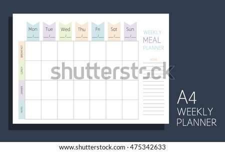 Weekly meal planner. Horizontal blank form. Format A4