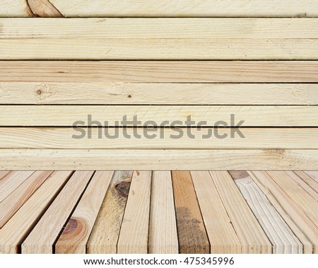 top view or 45 (forty-five) degrees modern and classic vertical wood table, terrace or floor for your place object or product on wooden wall background
