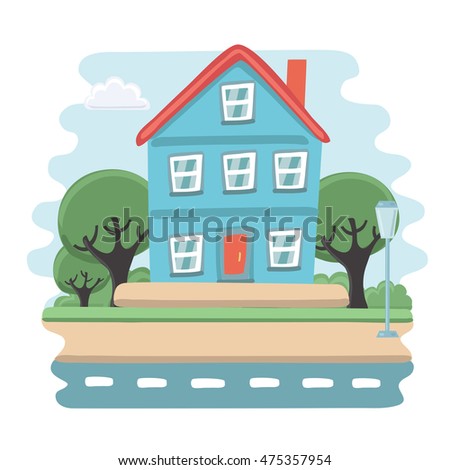 Vector illustration of small blue house. View of porch with tree, sky and road