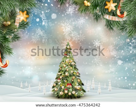 Christmas fir tree on winter landscape. EPS 10 vector file included