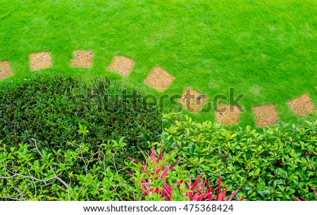 Garden detail in an aerial view with stone walkway Pathways with green lawns, Landscaping design in the beautiful garden, Top view of curve pathway on the green grass field texture and flower garden.