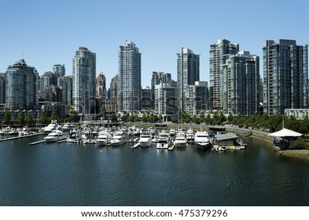 Skyline cityscape overlooking False Creek and Yaletown located in Vancouver, British Columbia, Canada.