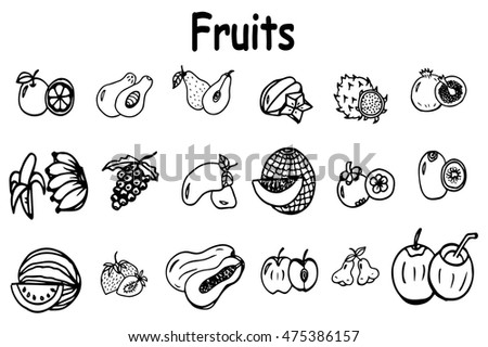 Hand drawn group of fresh fruit doodle vector set