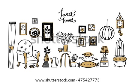 Set of vector icons for living room. Vector set of vintage interior design elements, hand drawn doodle style. Royalty-Free Stock Photo #475427773
